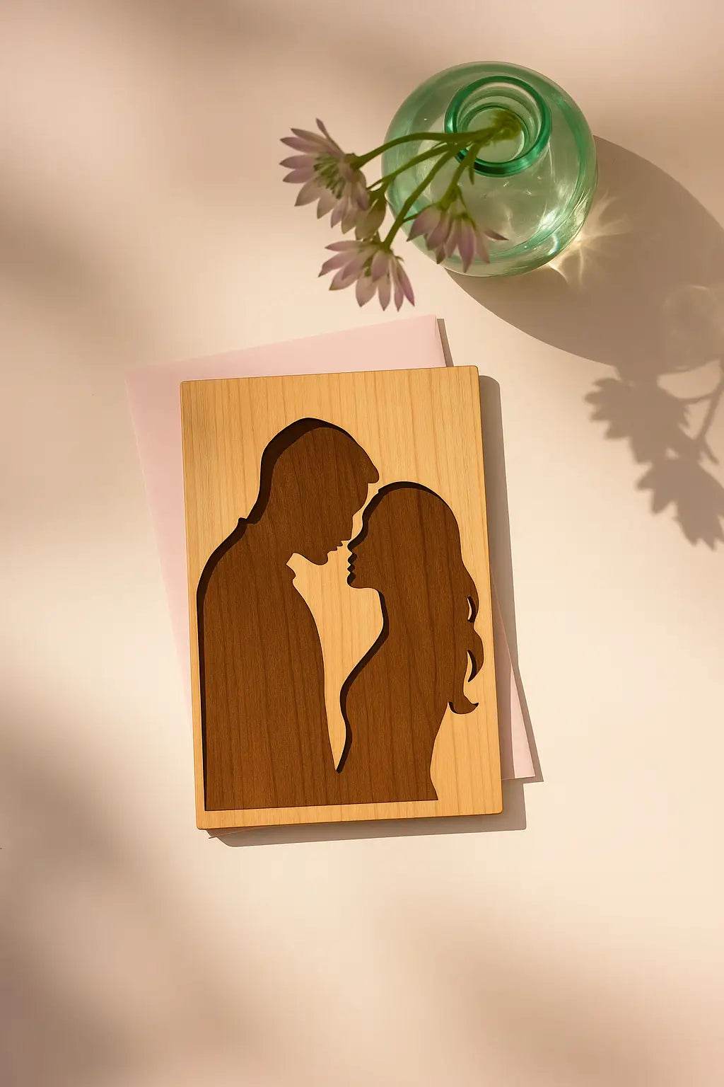 ERADOM Wood Greeting Cards Couple Silhouette Natural Wood Art Card With Laser Cut Design Interior Paper Insert Matching Envelop Stand 4x6 Inches