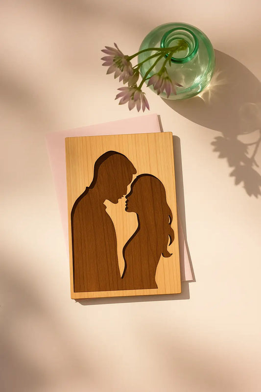 ERADOM Wood Greeting Cards Couple Silhouette Natural Wood Art Card With Laser Cut Design Interior Paper Insert Matching Envelop Stand 4x6 Inches