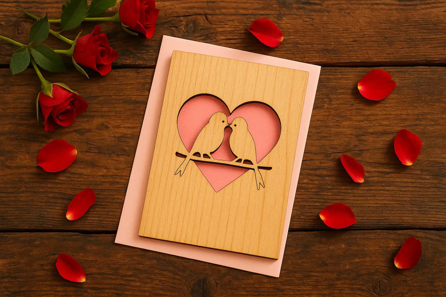 ERAD Wood Greeting Cards Laser Cutting Bird Couples Design Natural Wood Art Card Interior Paper Insert Matching Envelop Stand 4x6 Inches