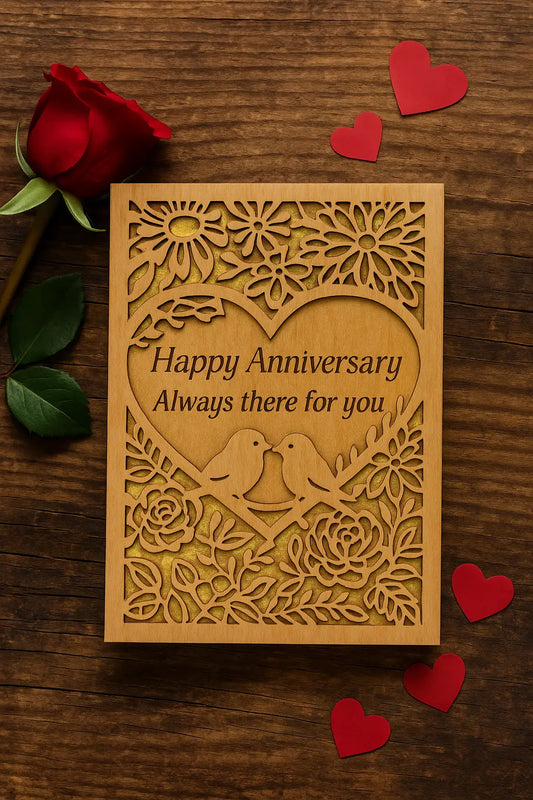 ERAD Wood Greeting Cards Happy Anniversary Design Natural Wood A Laser Cut Interior Paper Insert Matching Envelop Stand 4x6 Inches